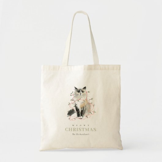 Schattigee Moderne Waterverf Meowy Kerstlicht Kat Tote Bag (Voorkant)