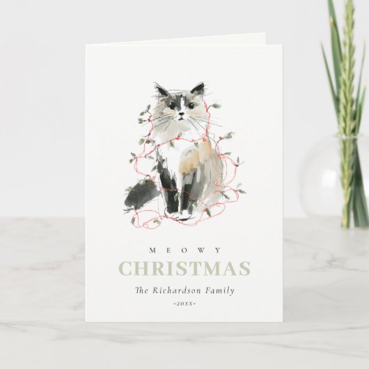 Schattigee Moderne Waterverf Meowy Kerstverlichtin Feestdagen Kaart (Voorkant)