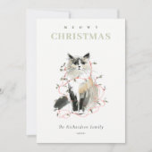 Schattigee Moderne Waterverf Meowy Kerstverlichtin Feestdagenkaart (Voorkant)