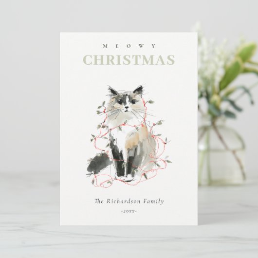 Schattigee Moderne Waterverf Meowy Kerstverlichtin Feestdagenkaart (Staand voorkant)