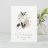 Schattigee Moderne Waterverf Meowy Kerstverlichtin Feestdagenkaart (Staand voorkant)