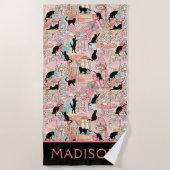 Schattigee moderne Waterverf Paris Cafe Cat gepers Strandlaken (Voorkant)