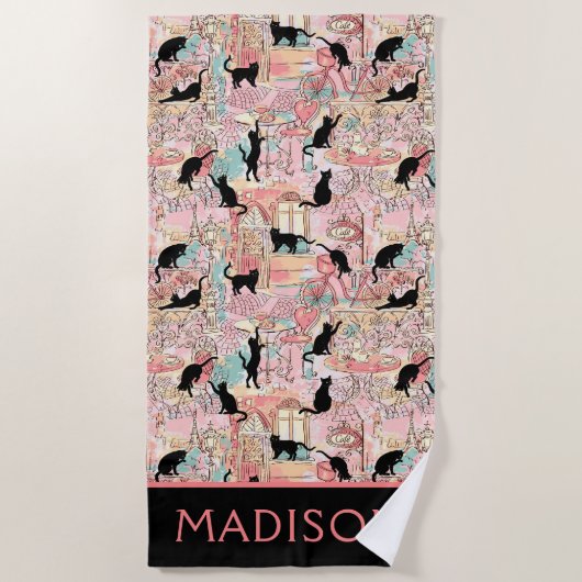 Schattigee moderne Waterverf Paris Cafe Cat gepers Strandlaken (Voorkant)