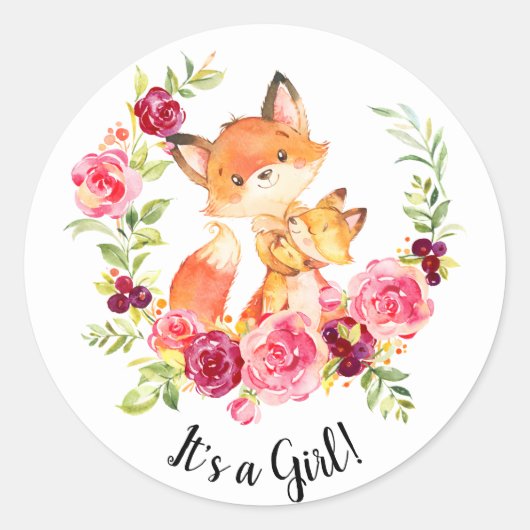 Schattigee Moeder & Baby Fox Het is een meisje gun Ronde Sticker (Voorkant)