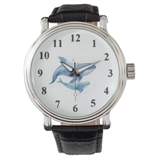 Schattigee moeder en baby Blue Whale Waterverf Horloge (Voorkant)