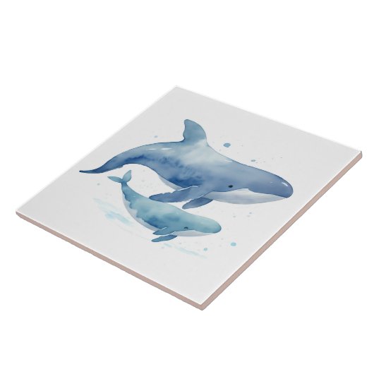 Schattigee moeder en Baby walvis Waterverf Ocean Z Tegeltje (Zijkant)