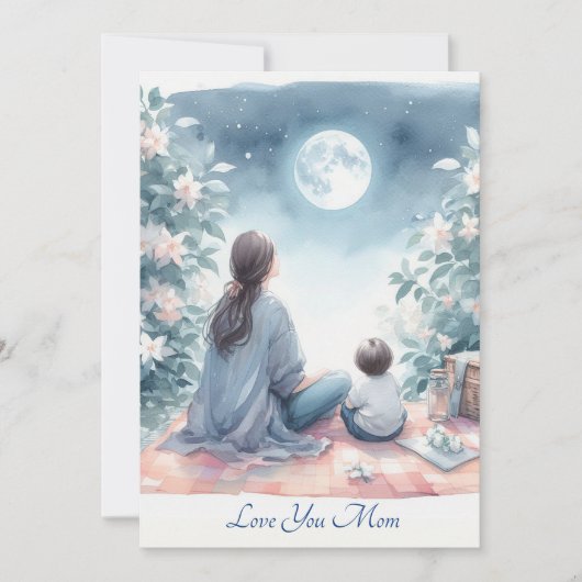 Schattigee moeder en Kind onder een maanverlichte  Feestdagenkaart (Voorkant)