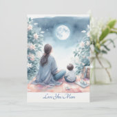 Schattigee moeder en Kind onder een maanverlichte  Feestdagenkaart (Staand voorkant)