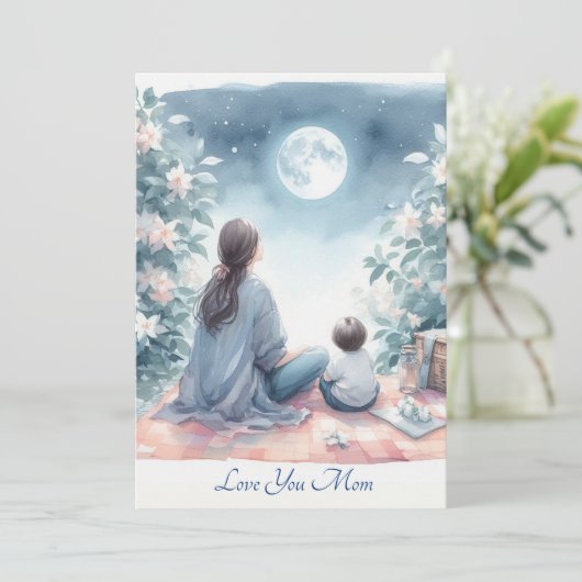Schattigee moeder en Kind onder een maanverlichte Feestdagenkaart (Staand voorkant)