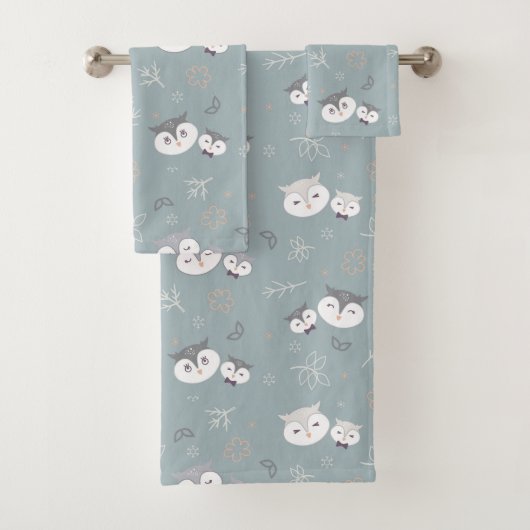 Schattigee moeder en zoon uil patroon blauw-grijs bad handdoek (Insitu)