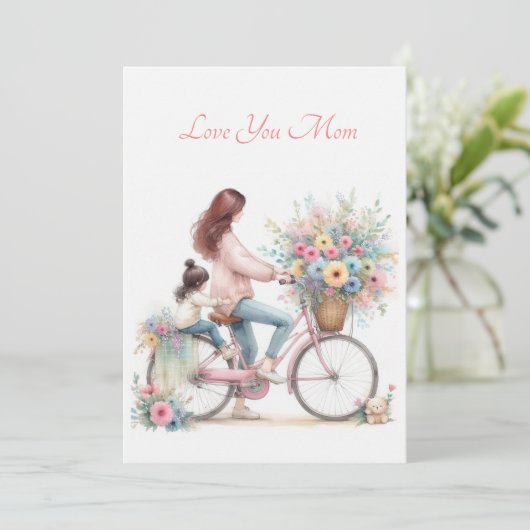 Schattigee Moeder Kind Fietsfiets Waterverf Moeder Feestdagenkaart (Staand voorkant)