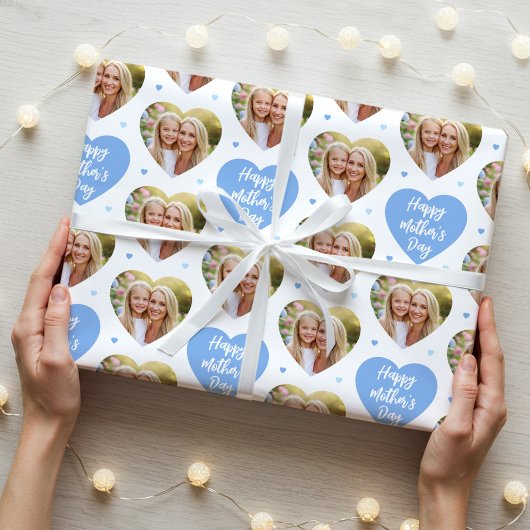 Schattigee Moederdag 6 Foto Mama Love Hearts Blue Cadeaupapier
