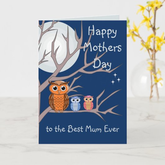 Schattigee Moederdag Uil en 2 Owlets Kaart (Gele Bloem)