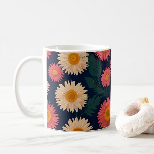 Schattigee Mok met Daisy Pattern op een diepblauw (Met donut)