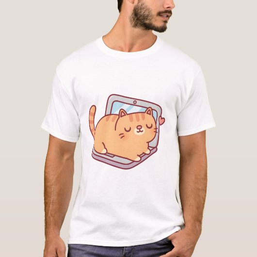 Schattigee mollige Tabby Cat rusting op laptop T-shirt (Voorkant)