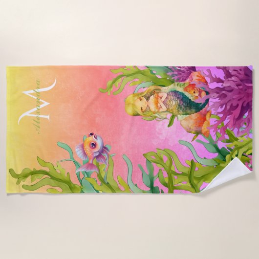 Schattigee Monogram Naam Zeemeermin Roze Strandlak Strandlaken (Voorkant)