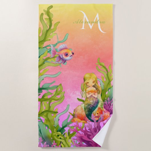 Schattigee Monogram Naam Zeemeermin Roze Strandlak Strandlaken (Voorkant)