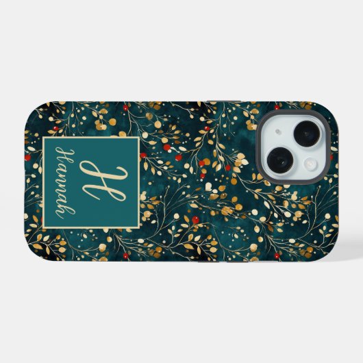 Schattigee Monogrammed Floral Waterverf patterned iPhone 15 Case (Achterkant horizontaal)