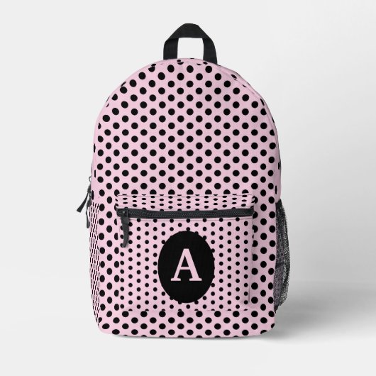 Schattigee Monogrammed Roze en Zwarte Polka Dots Bedrukte Rugzak (Voorkant)