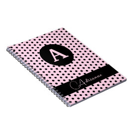 Schattigee Monogrammed Roze en Zwarte Polka Dots Notitieboek