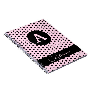 Schattigee Monogrammed Roze en Zwarte Polka Dots Notitieboek