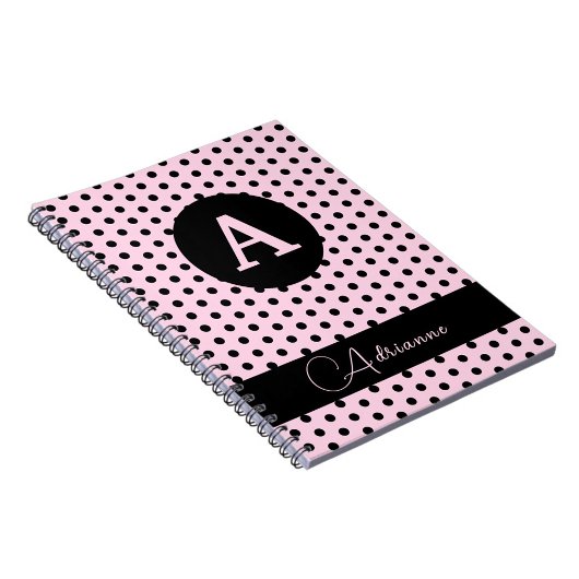 Schattigee Monogrammed Roze en Zwarte Polka Dots Notitieboek
