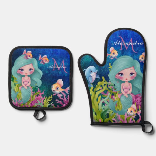 Schattigee Monogrammed Waterverf Zeemeermin Blauwg Ovenwant & Pannenlap Set (Voorkant)