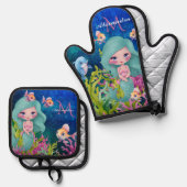 Schattigee Monogrammed Waterverf Zeemeermin Blauwg Ovenwant & Pannenlap Set (Voorkant / Achterkant)