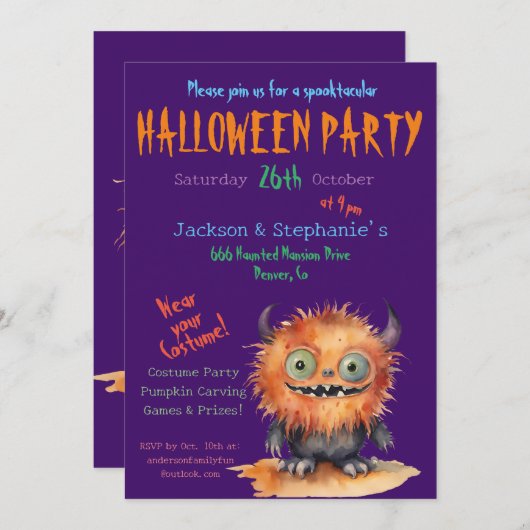 Schattigee Monster Bash Halloween Kostuumfeest Kaart (Voorkant / Achterkant)