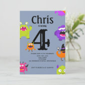 Schattigee Monsters 4e Verjaardagsuitnodiging Kaart (Staand voorkant)