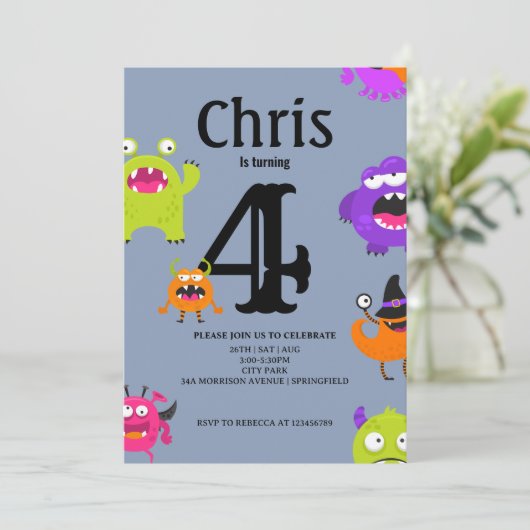 Schattigee Monsters 4e Verjaardagsuitnodiging Kaart (Staand voorkant)