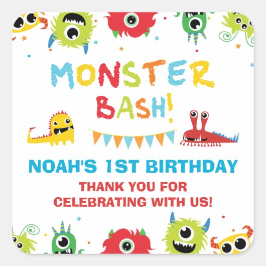 Schattigee Monsters Jongen 1e Verjaardag Dank U Fa Vierkante Sticker (Voorkant)