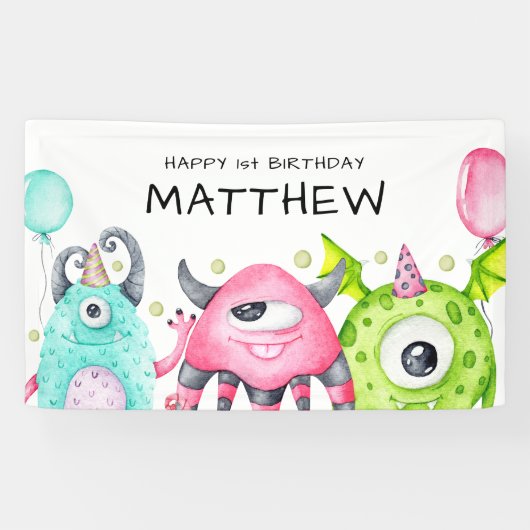 Schattigee Monsters Jongens Happy Birthday Banner (Horizontaal)