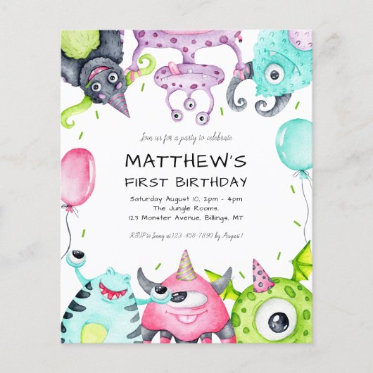 Schattigee Monsters Kind 1e Verjaardagsfeestuitnod (Voorkant)
