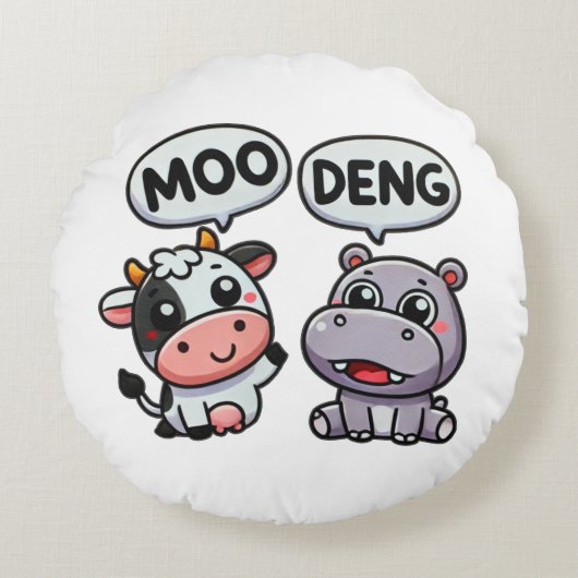 Schattigee Moo Deng & Koe Fun Rond Kussen (Voorkant)