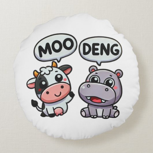 Schattigee Moo Deng & Koe Fun Rond Kussen (Achterkant)