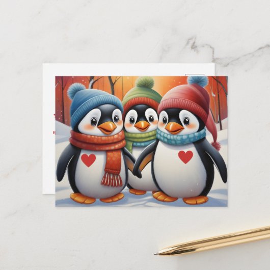Schattigee mooie pinguïns kerst briefkaart (Voorkant / Achterkant in situ)