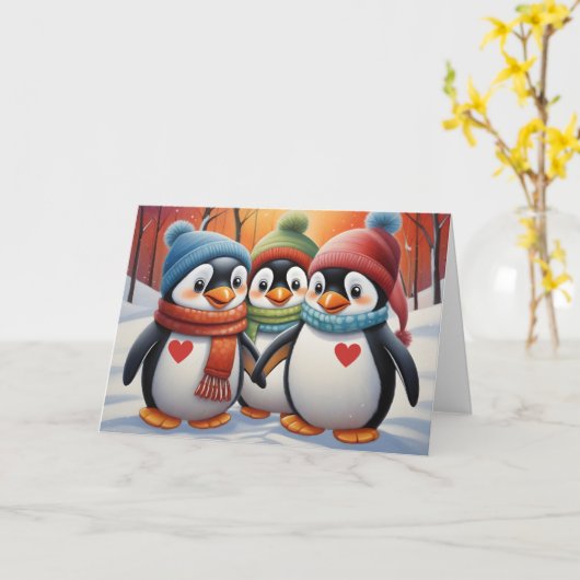 Schattigee mooie pinguïns kerst kaart (Gele Bloem)