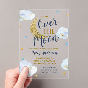 Schattigee Moon Navy Blue en Gold Glitter Baby sho Acryl Uitnodigingen