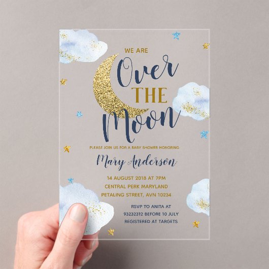 Schattigee Moon Navy Blue en Gold Glitter Baby sho Acryl Uitnodigingen (Insitu (Draagbaar))
