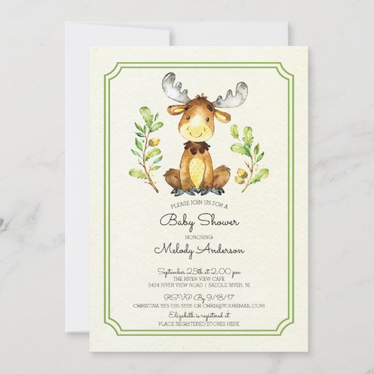 Schattigee Moose Woodland Baby shower Invitation Kaart (Voorkant)