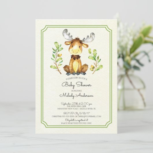 Schattigee Moose Woodland Baby shower Invitation Kaart (Staand voorkant)