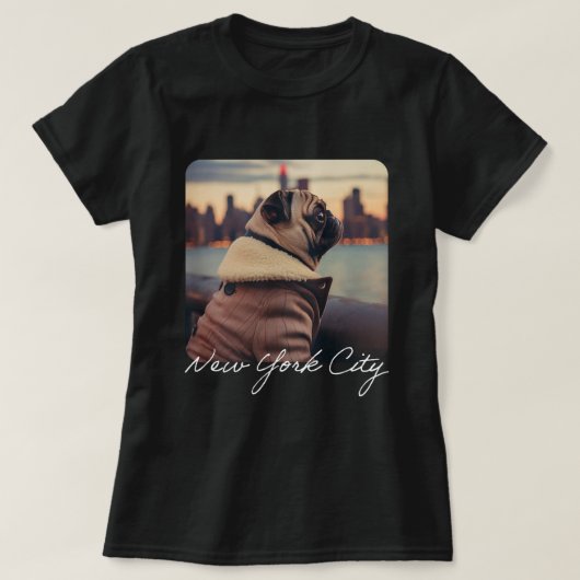 Schattigee mopshond en herfstwind van New York T-shirt (Design voorkant)