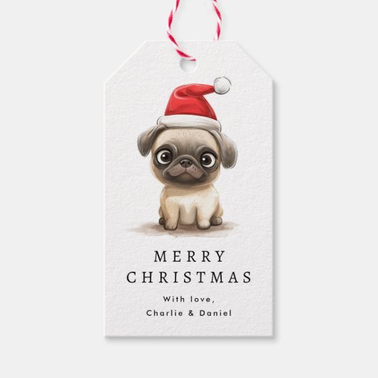 Schattigee mopshond in Santa hat illustratie Vroli Cadeaulabel (Voorkant)