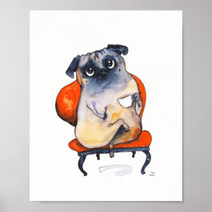 Schattigee Mopshond met Tea Cup op rode fauteuil H Poster
