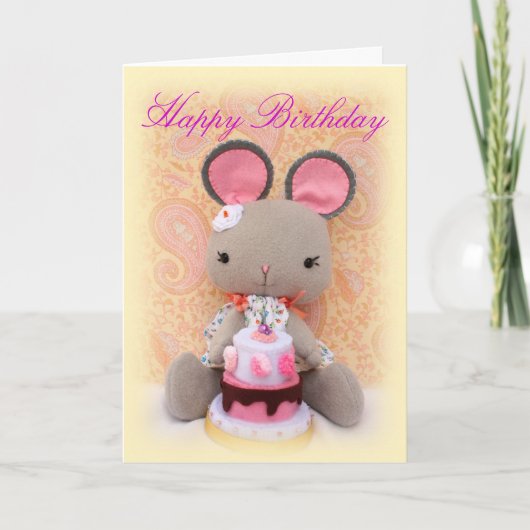 Schattigee Mouse Girl Doll met Taart Verjaardag Ka Kaart (Voorkant)