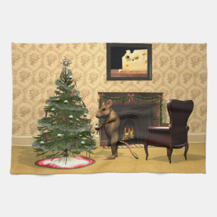 Schattigee muis die een kerstboom versiert theedoek