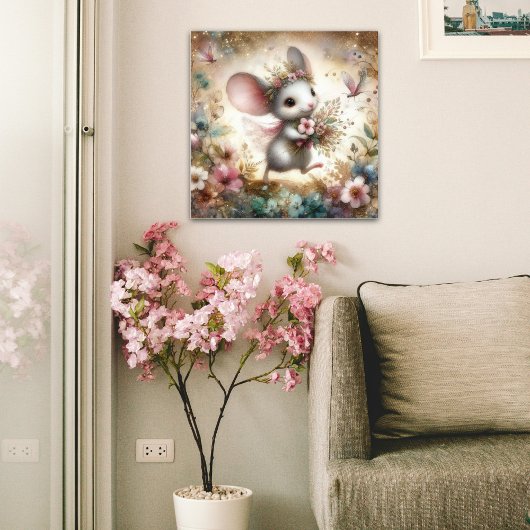 Schattigee Muis Dragen Bloemen Waterverf Glitter Poster