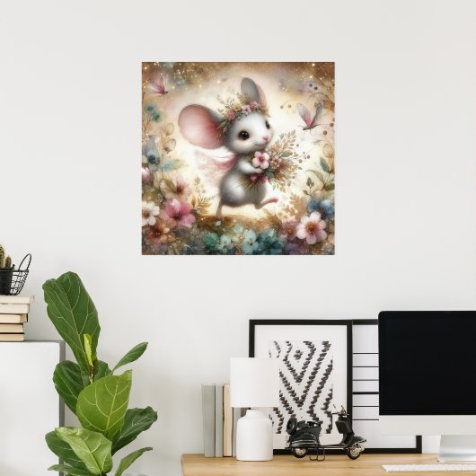 Schattigee Muis Dragen Bloemen Waterverf Glitter Poster (Thuiskantoor)