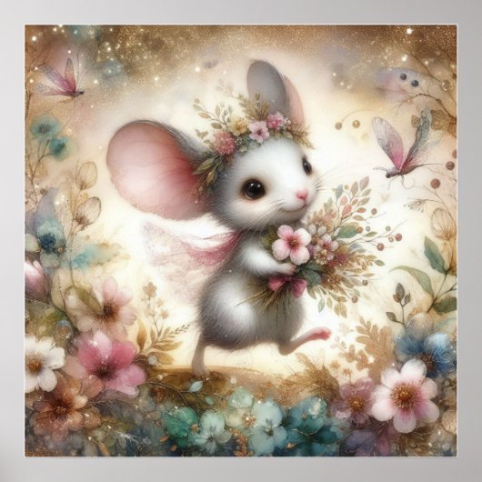Schattigee Muis Dragen Bloemen Waterverf Glitter Poster (Voorkant)
